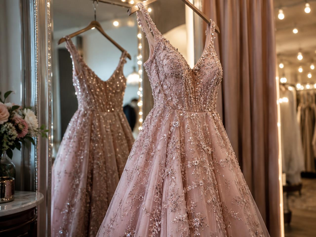 Sequined prom gown on a dress form