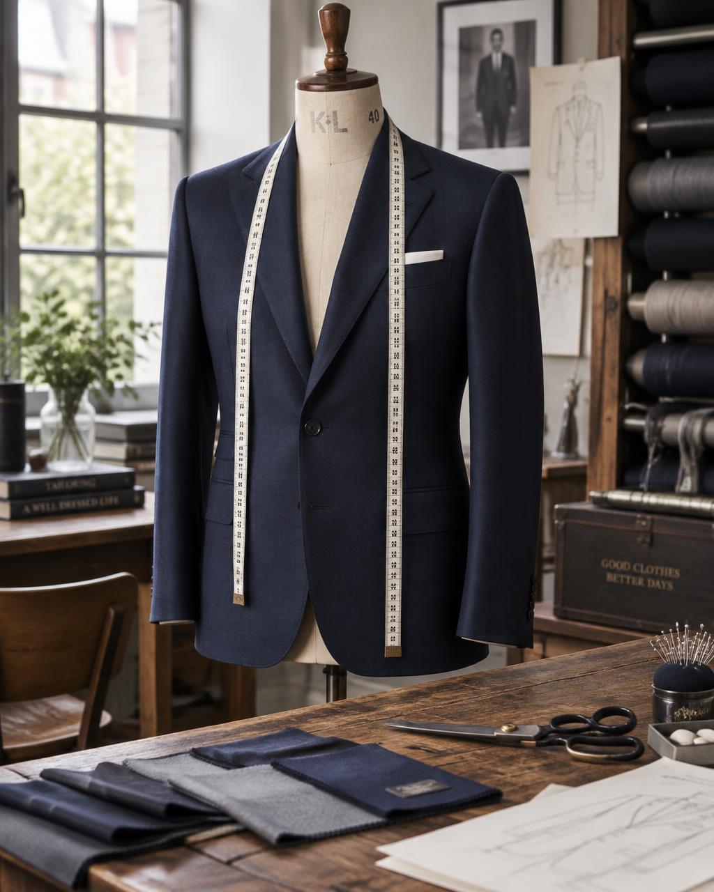 Tailored navy suit in the Carmela's Tailoring atelier